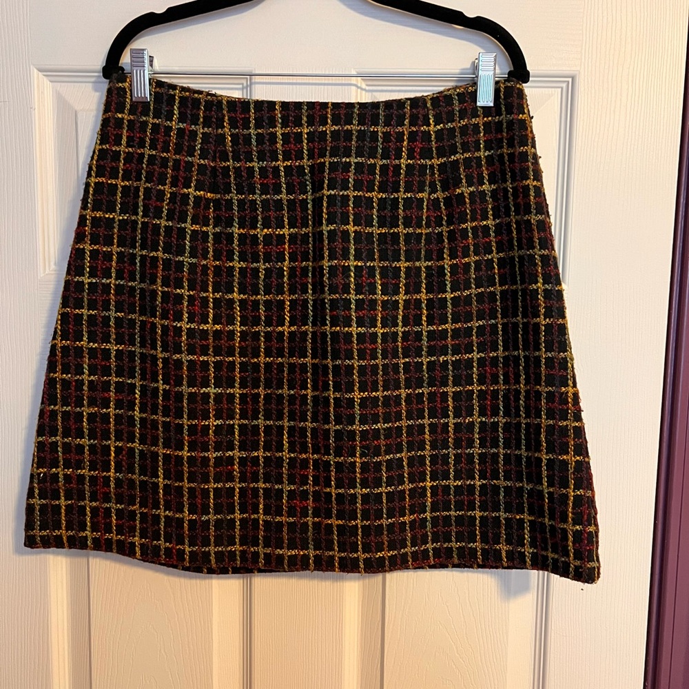 Anthropologie Hutch Black Plaid A-Line Lined Skirt with Red and Gold Accents